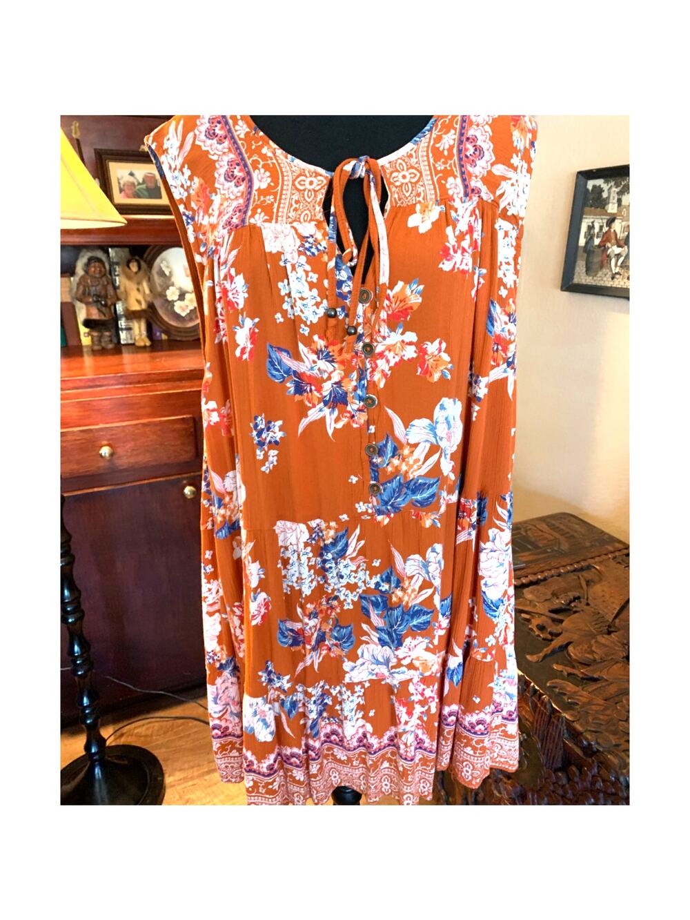 ROMANTIC GYPSY ORANGE FLORAL MINI BOHO SLEEVELESS GAUZY RAYON TIERED BEACH 3XY D